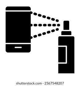 Smartphone disinfection solid icon, covid-19 prevention concept, Disinfect mobile phone and gadgets sign on white background, device screen with alcohol spray icon in glyph. Vector graphic