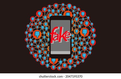  Smartphone and disinformation. Graphic of dislike diffused image. Black background.  Background-landscape.