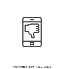 Smartphone with dislike message line icon. linear style sign for mobile concept and web design. Mobile phone with Thumbs down feedback outline vector icon. Symbol, logo illustration. Vector graphics