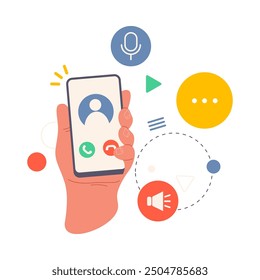 Smartphone display with contact number calling and buttons to answer or reject, flat cartoon vector illustration. Isolated hand with mobile phone, communication and talking on cellphone