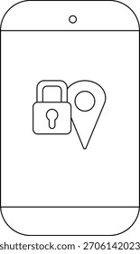 A smartphone display features a padlock and location pin icon