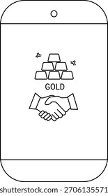 Las barras de oro de la pantalla del teléfono inteligente, la palabra ORO y un icono de apretón de manos están centrados