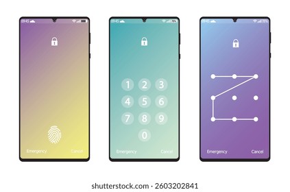 Smartphone display lock screen with abstract gradient background wallpaper. In a realistic style. Password. Authentication. ID. PIN. Safety. EPS 10. Vector illustrations
