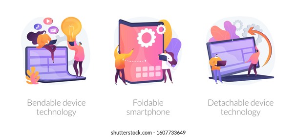 Smartphone display modern design, convertible laptop. Bendable device technology, foldable smartphone, detachable device technology metaphors. Vector isolated concept metaphor illustrations.