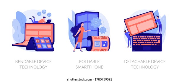 Smartphone display modern design, convertible laptop. Bendable device technology, foldable smartphone, detachable device technology metaphors. Vector isolated concept metaphor illustrations.