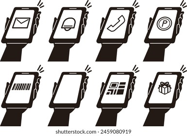 
Smartphone display monochrome icon illustration set such as email, notification, phone, points, barcode, etc.