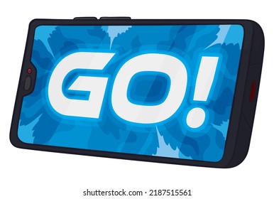 Smartphone con la pantalla encendida y 'go!' , invitándote a jugar videojuegos.