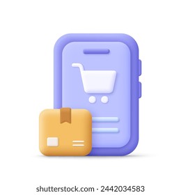 Smartphone display with shopping trolley cart and parcel box. Fast delivery, shipping and online shopping concept. 3d vector icon. Cartoon minimal style.