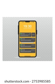 A smartphone display showing multiple incoming message notifications on a yellow lock screen background for user interface design.
