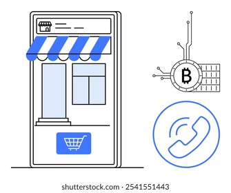 Pantalla de teléfono inteligente con toldo de tienda, ícono de Carrito de compras, ícono de criptomoneda e ícono de teléfono. Ideal para compras en línea, comercio electrónico, criptomonedas, transacciones digitales y comunicación