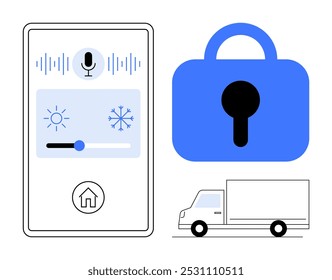 Ein Smartphone-Display mit Sprachsteuerung, die einen Schieber zur Temperaturregelung Sonne und Schneeflocken ein großes Vorhängeschloss und einen Lieferwagen zeigt. Ideal für Smart Home Automation Security Logistik