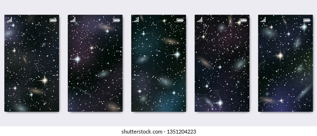 Smartphone display wallpaper vector collection. Night sky background with stars,  nebula and galaxies