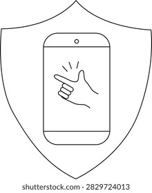 A smartphone displayed within a shield, featuring a hand gesture pointing, symbolizing digital security and protection of mobile devices.