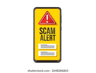 Smartphone exibindo uma notificação amarela brilhante "Scam Alert" com símbolo de aviso destinado à consciência de segurança digital