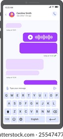 Smartphone displaying a chat conversation with audio message, text bubbles, and a virtual keyboard for typing, illustrating modern mobile communication