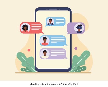 Smartphone displaying a chat interface with diverse user avatars.