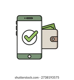 A smartphone displaying a checkmark on its screen, with a wallet visible in the background.