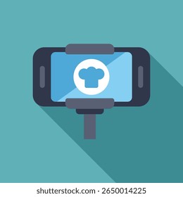Smartphone displaying a chef hat icon within a circle, mounted on a tripod, suggesting the creation of culinary content
