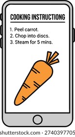 Smartphone displaying cooking instructions with a carrot illustration and numbered steps, ideal for recipe apps and culinary guidance. Flat vector design.