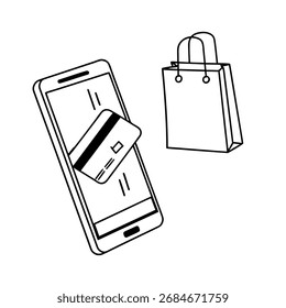 Smartphone exibindo um cartão de crédito enquanto uma sacola de compras está próxima, representando compras on-line