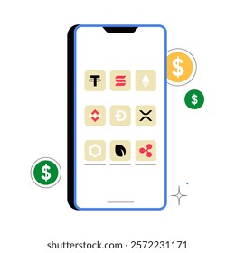 Smartphone Displaying Cryptocurrency Apps In Flat Vector Illustration Symbolizing Digital Wallets And Financial Technology, Isolated On White Background