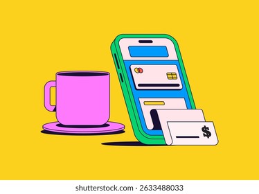 Smartphone exibindo uma interface de pagamento digital ao lado da xícara de café para transações sem dinheiro, carteiras digitais e e-commerce moderno, especialmente no café em desenho animado mão desenhado vetor