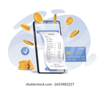 Smartphone exibindo um recibo digital, moedas de ouro e um cartão de crédito em um fundo abstrato suave. Conceito de pagamento móvel e recibo eletrônico. Ilustração vetorial