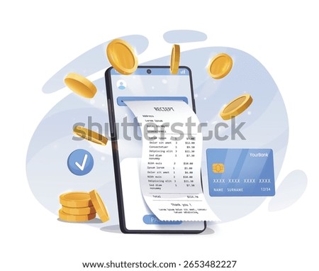 Smartphone displaying a digital receipt, gold coins, and a credit card on a soft abstract background. Concept of mobile payment and e-receipt. Vector illustration