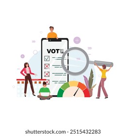 Teléfono inteligente que muestra un formulario de votación digital. Personas cercanas I. diferentes poses con lupa, portátil y documentos de votación. Futuro, elección, concepto digital