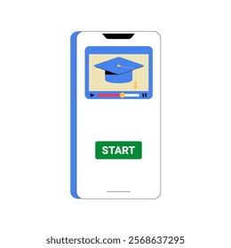 Smartphone Displaying Educational Video In Flat Vector Illustration Symbolizing Mobile Learning, Online Classes, And E Learning, Isolated On White Background.