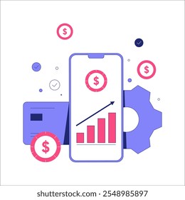 Smartphone Displaying Financial Growth Chart With Dollar Symbols In Flat Vector Illustration Symbolizing Investment, Profit, And Digital Banking, Isolated On White Background.