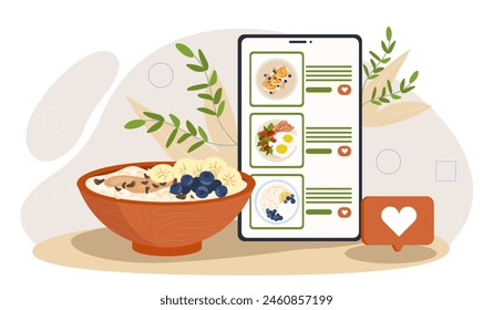 Smartphone displaying food recipes next to a bowl of oatmeal, light-colored illustration with a modern concept of online food blogging or food ordering. vector illustration