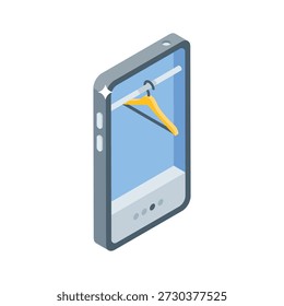 Um smartphone exibindo um cabide na tela, simbolizando compras de roupas on-line com uma estética limpa e moderna.