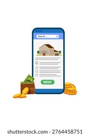 Smartphone displaying a house rental listing with a wallet and gold coins representing digital property payments. Stock Illustration.