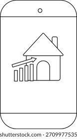 A smartphone displaying a house with a rising graph and arrow icon