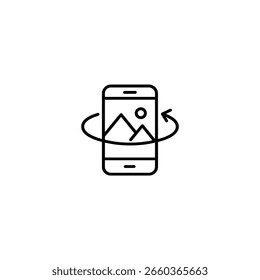 A smartphone displaying a landscape is wrapped by a 360-degree arrow indicating a panoramic or virtual tour function.