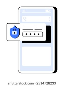 Un teléfono inteligente que muestra un escudo de íconos de candado con entrada de Contraseña para una mayor seguridad digital. Ideal para ciberseguridad, protección de datos, App móviles, autenticación de usuarios, tecnología. Minimalista, moderno