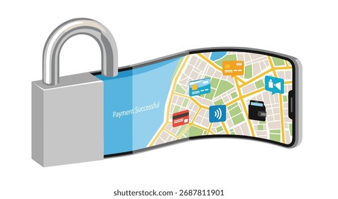 Um smartphone que exibe um mapa e ícones de aplicativos é protegido por um cadeado, simbolizando a privacidade dos dados e a segurança da localização.