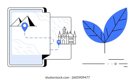 Smartphone displaying a map with location markers leading to a castle and mountains, accompanied by a blue leaf. Ideal for travel, exploration, adventure, navigation, tourism, nature journeys