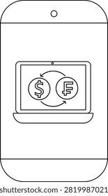 Smartphone displaying money exchange between USD and CHF rendered in a line art style