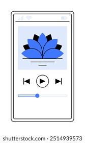Smartphone displaying a music player with a blue and black floral logo. Playback controls and volume slider visible. Ideal for technology, music apps, user interface, modern design, vector art. Clean