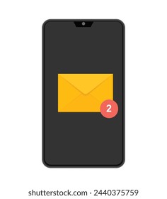 Smartphone Displaying New Email Notification Icon on Black Screen. Vector Illustration. 
