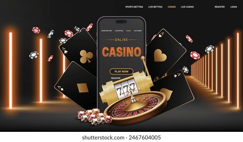 Un smartphone que muestra una interfaz de casino en línea rodeada de Elementos de casino como cartas, fichas y una ruleta contra un fondo oscuro con acentos dorados
