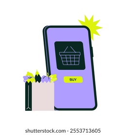 Smartphone Displaying Online Shopping App With Grocery Bag In Flat Vector Illustration Symbolizing Digital Commerce, Food Delivery, And Convenience, Isolated On White Background.