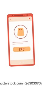 Smartphone displaying a payment app interface in a flat design. Mobile device features user order screen with buy button. Designed for online commerce and digital transactions, perfect for e