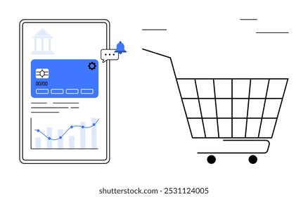 Teléfono inteligente que muestra un método de pago con gráficos de datos junto a un Carrito de compras. Ideal para compras en línea, pagos móviles, comercio electrónico, tecnología financiera y análisis de datos. Estilo plano moderno