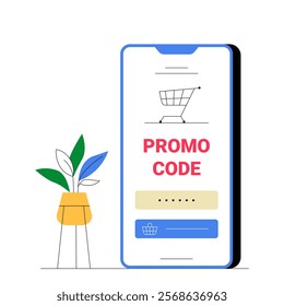 Smartphone Displaying Promo Code And Shopping Cart Icon In Flat Vector Illustration Symbolizing Online Shopping And Ecommerce Discounts, Isolated On White Background.