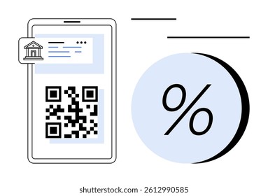 Smartphone displaying a QR code, bank icon, and large percentage symbol. Ideal for financial technology, online payments, digital banking, investment analysis, ecommerce, marketing statistics