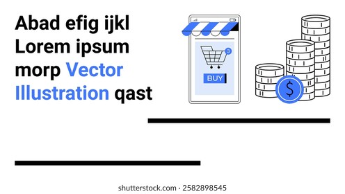 Smartphone displaying shopping cart with buy button and stacked coins. Ideal for e-commerce, digital marketing, online payment, financial technology, mobile apps. Banner for landing page