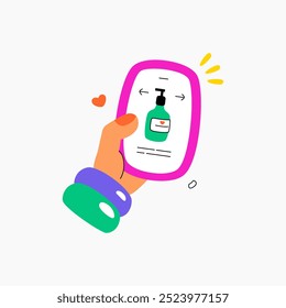 Smartphone displaying skincare product in flat vector illustration symbolizing online shopping, product browsing, and e commerce, isolated on white background
